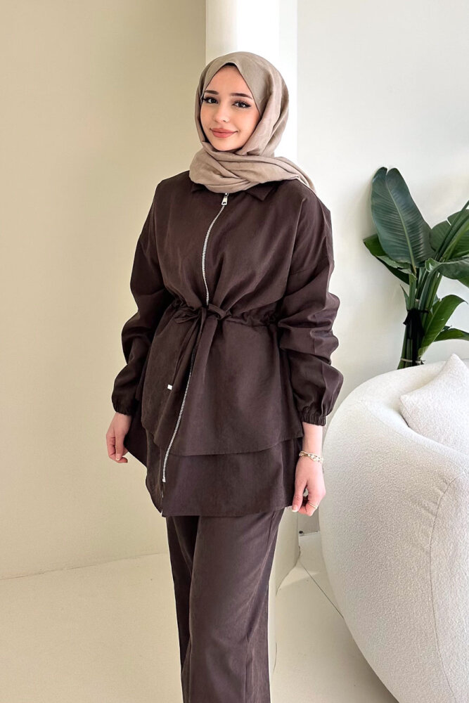 Fermuarlı Katlı Beli Büzgülü Pantolon Takım - Kahverengi - QUB (4)