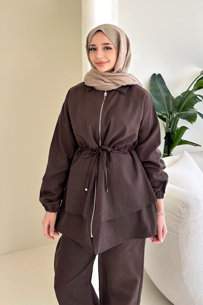 Fermuarlı Katlı Beli Büzgülü Pantolon Takım - Kahverengi - QUB (2)