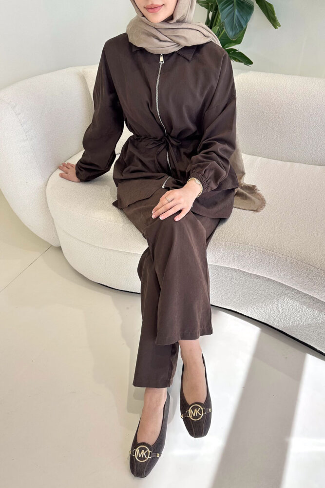 Fermuarlı Katlı Beli Büzgülü Pantolon Takım - Kahverengi - QUB (1)
