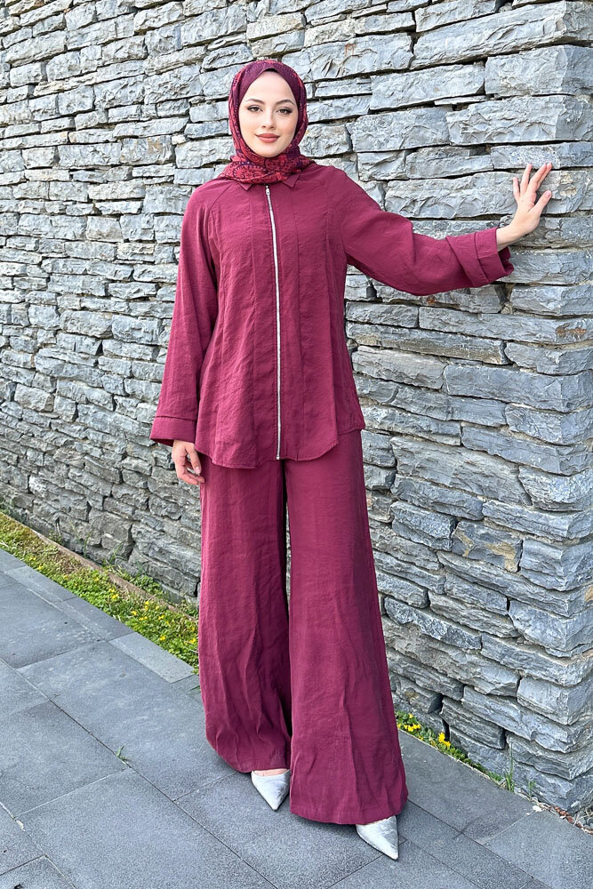 Fermuarlı Modal Takım - Bordo - 2