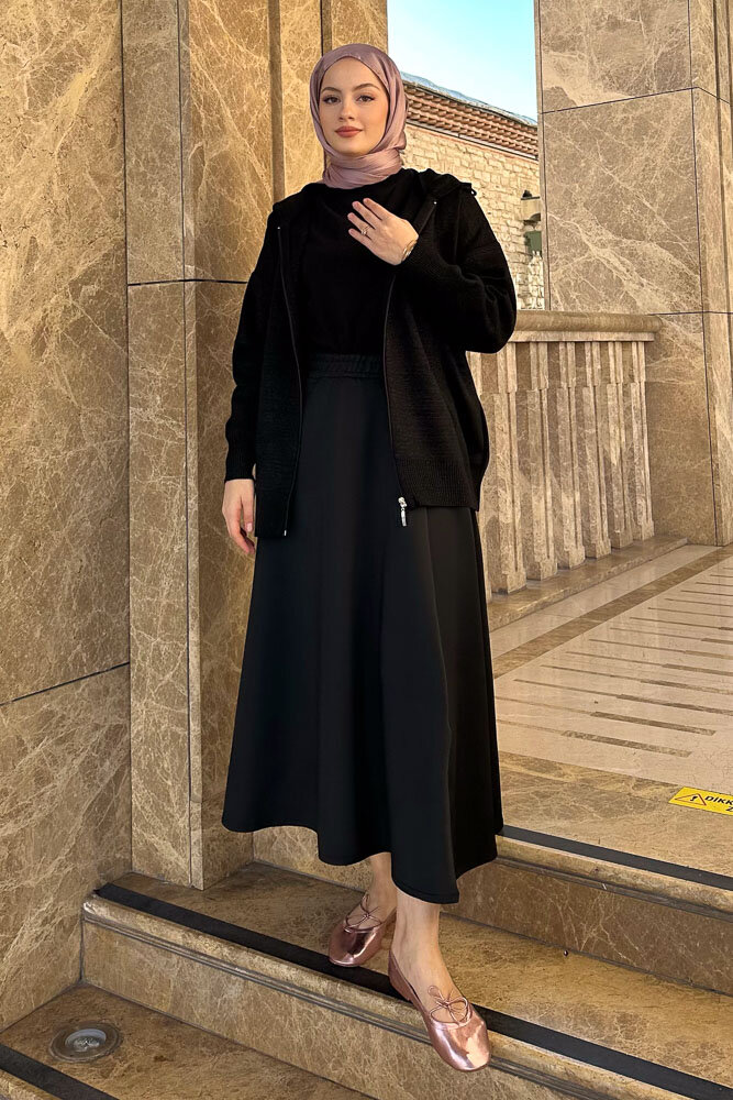 Fermuarlı Simli Triko Hırka - Siyah - 4