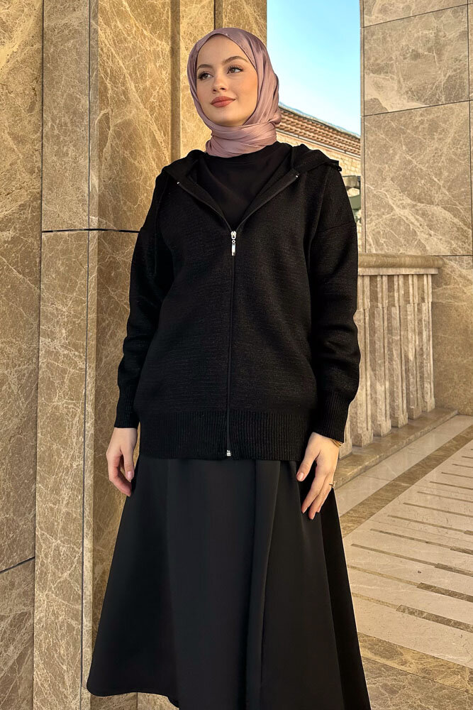 Fermuarlı Simli Triko Hırka - Siyah - 5