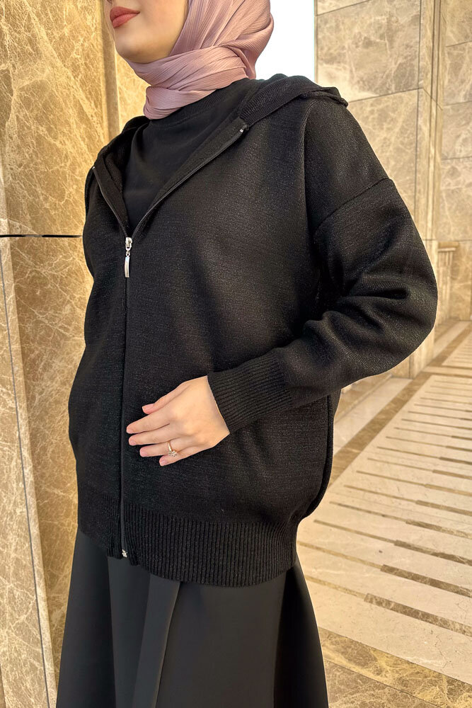 Fermuarlı Simli Triko Hırka - Siyah - 2