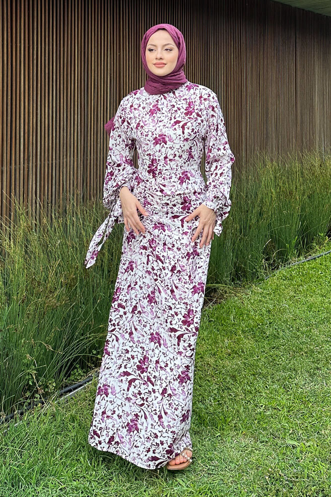 Fiora Eteği Büzgülü Desenli Elbise - Bordo - 3