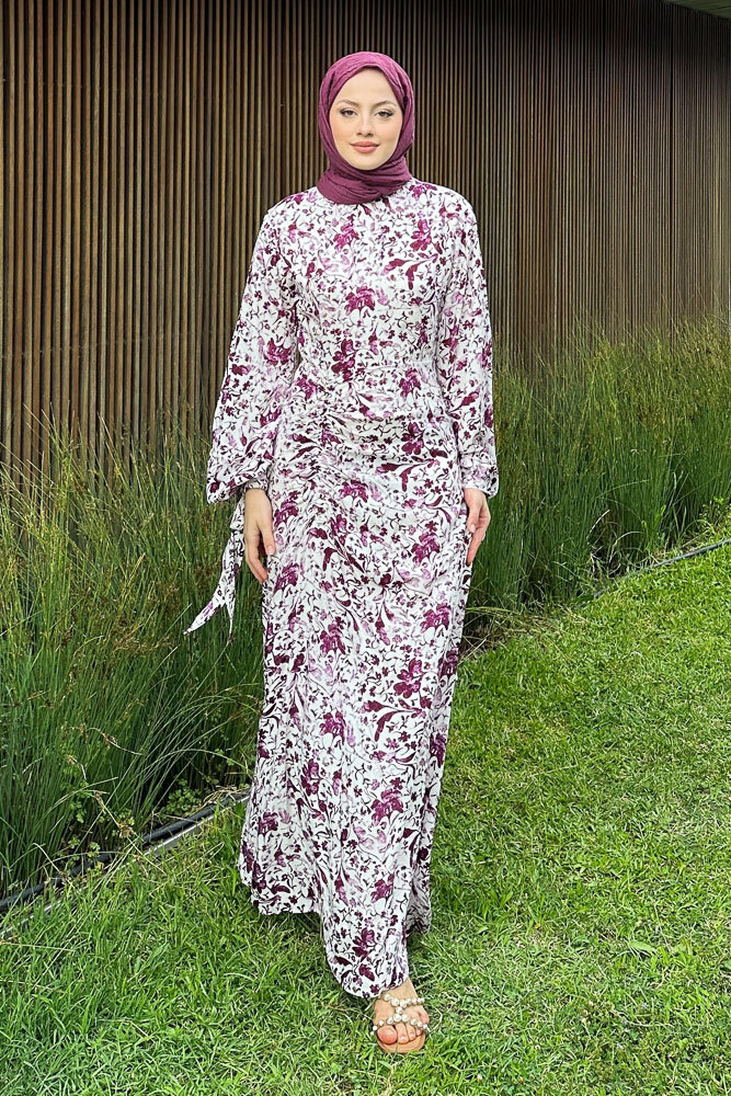 Fiora Eteği Büzgülü Desenli Elbise - Bordo - 6