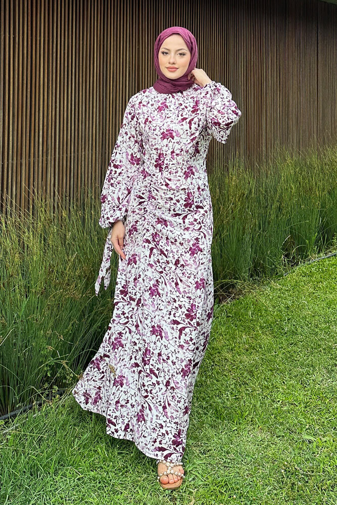 Fiora Eteği Büzgülü Desenli Elbise - Bordo - 8