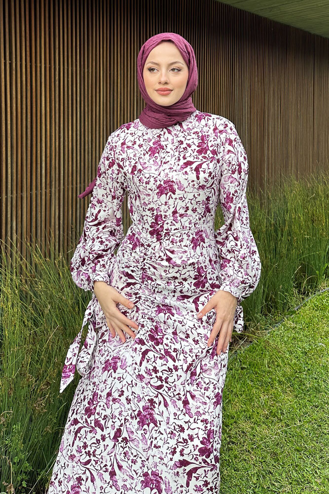 Fiora Eteği Büzgülü Desenli Elbise - Bordo - 7
