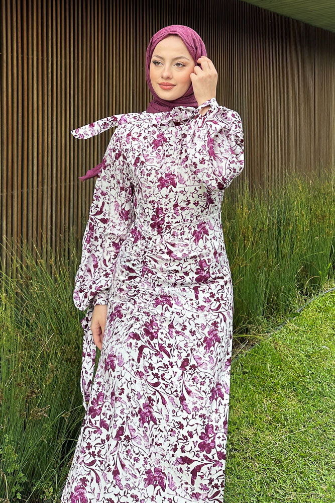 Fiora Eteği Büzgülü Desenli Elbise - Bordo - 2