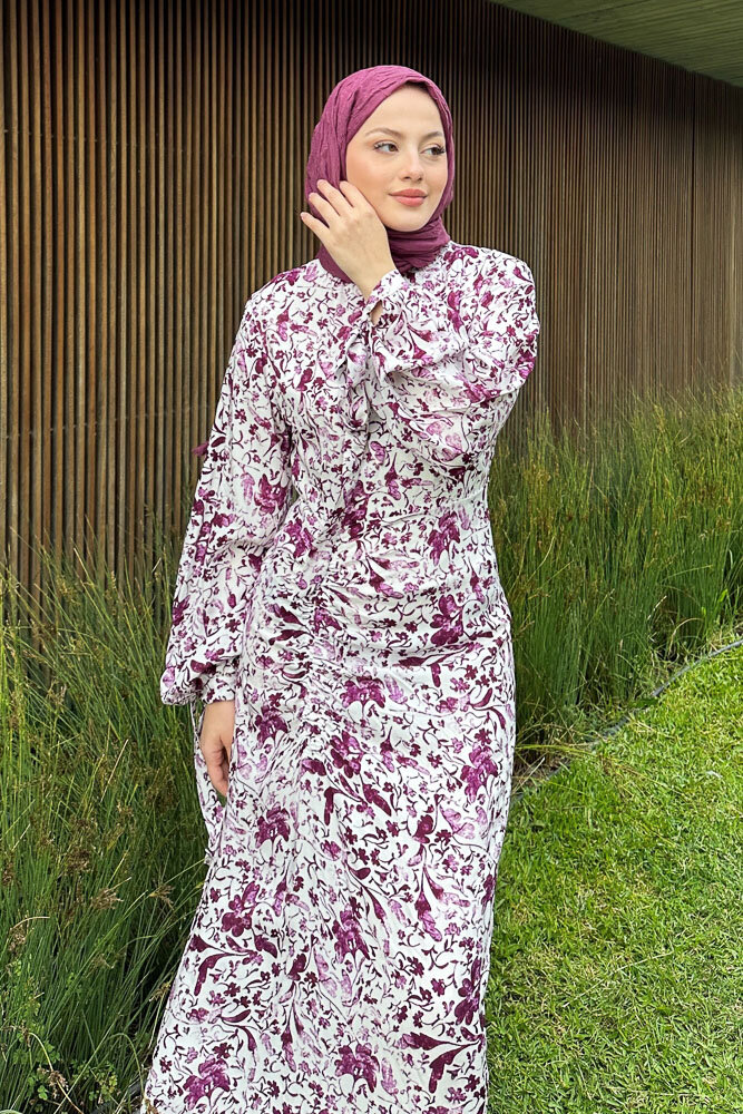 Fiora Eteği Büzgülü Desenli Elbise - Bordo - 5