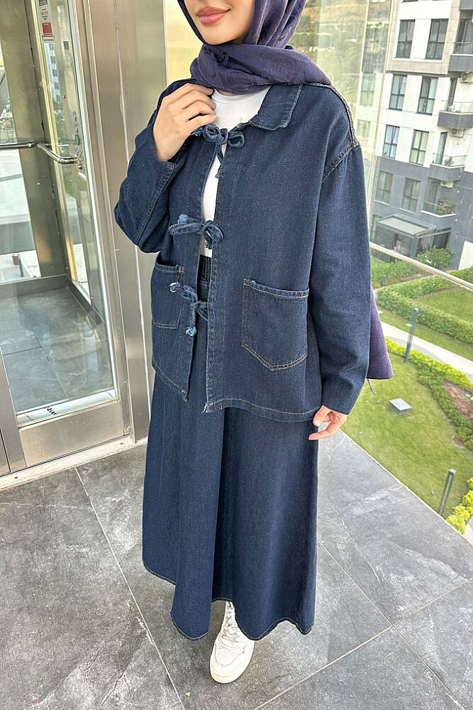 Fiora Fiyonklu Denim Etekli Takım - Lacivert - ENMA (3)