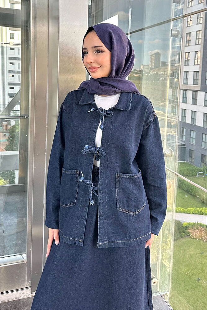 Fiora Fiyonklu Denim Etekli Takım - Lacivert - ENMA (1)