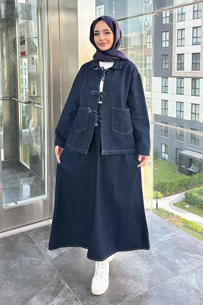 Fiora Fiyonklu Denim Etekli Takım - Lacivert - ENMA (2)