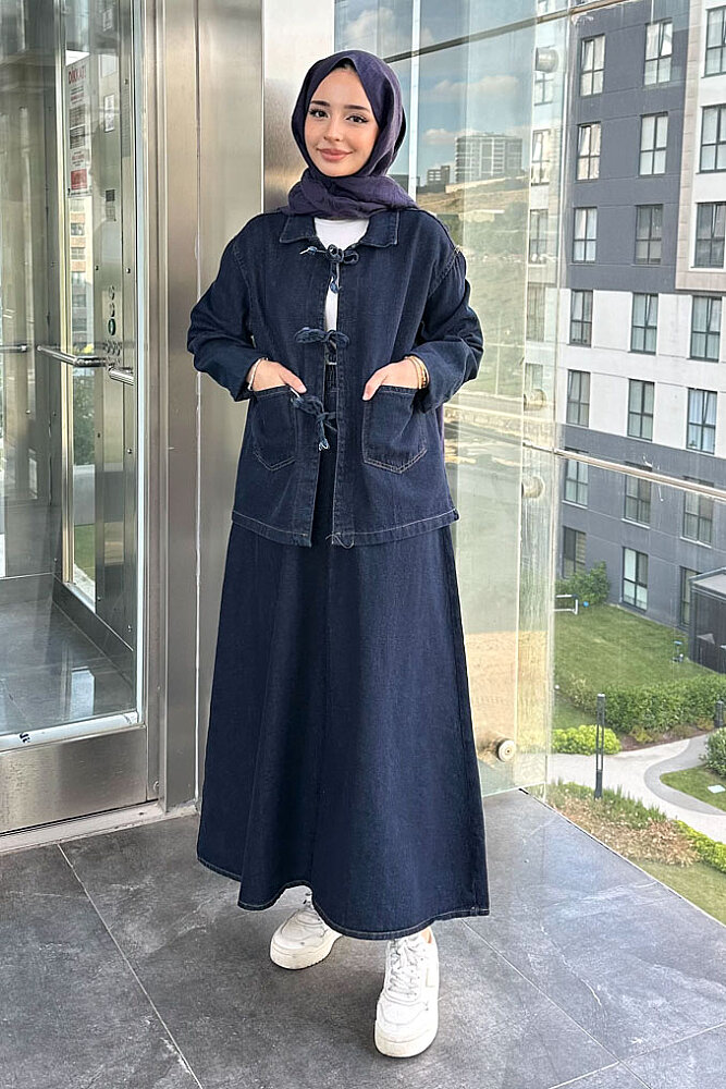 Fiora Fiyonklu Denim Etekli Takım - Lacivert - 1