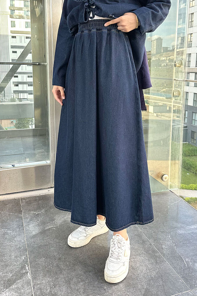 Fiora Fiyonklu Denim Etekli Takım - Lacivert - 5