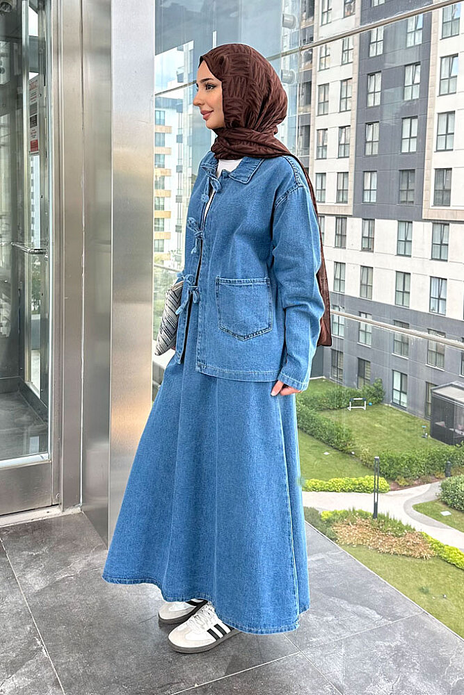 Fiora Fiyonklu Denim Etekli Takım - Mavi - ENMA (2)