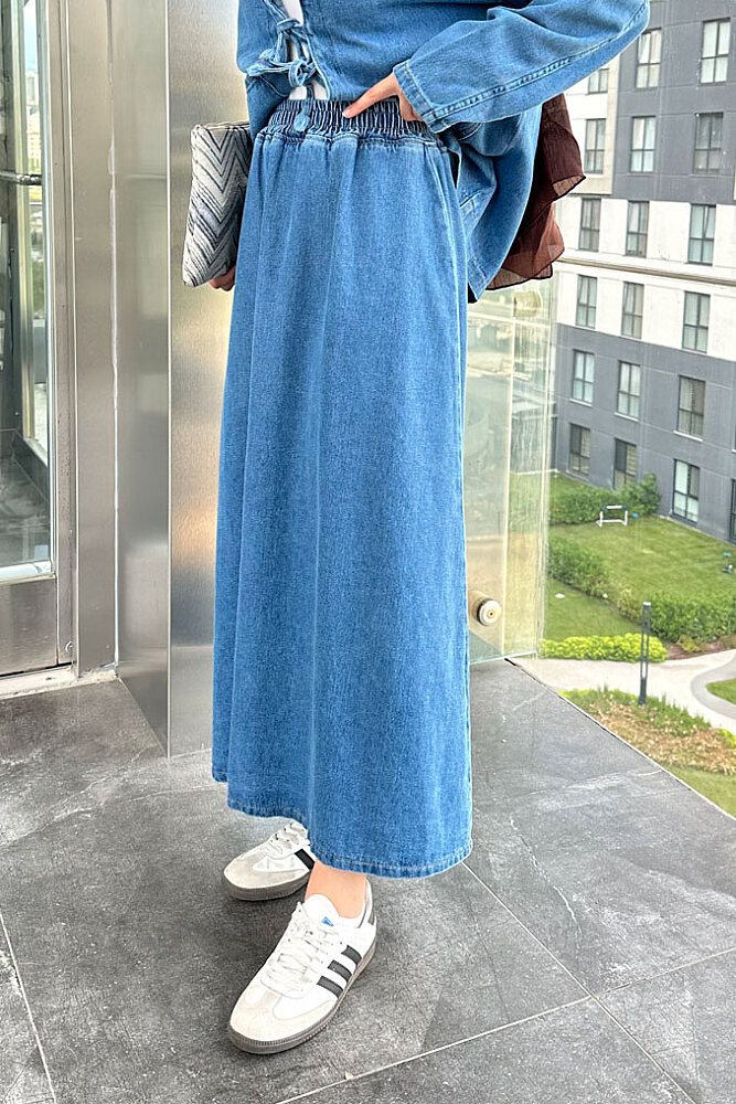 Fiora Fiyonklu Denim Etekli Takım - Mavi - ENMA (4)