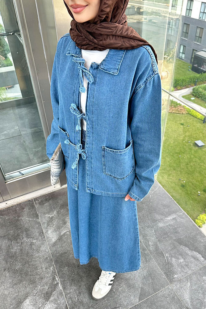 Fiora Fiyonklu Denim Etekli Takım - Mavi - ENMA (3)