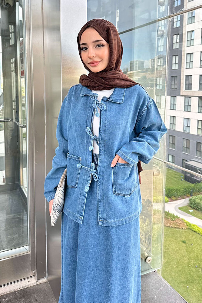 Fiora Fiyonklu Denim Etekli Takım - Mavi - ENMA (1)