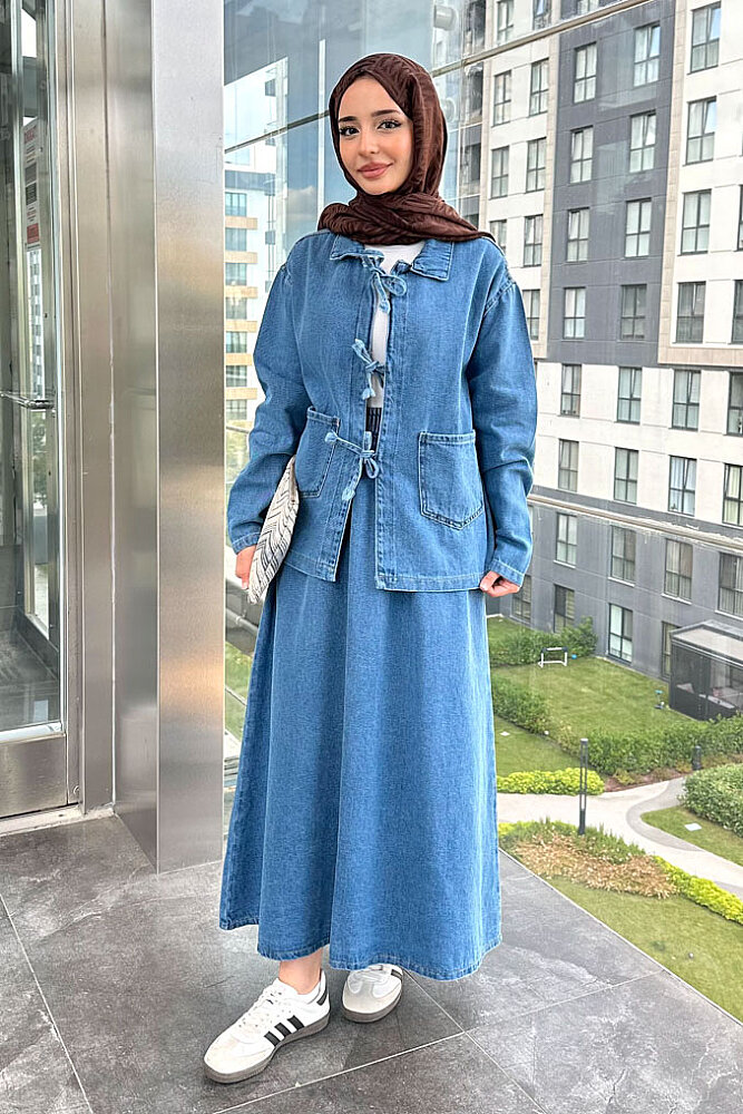 Fiora Fiyonklu Denim Etekli Takım - Mavi - ENMA (0)