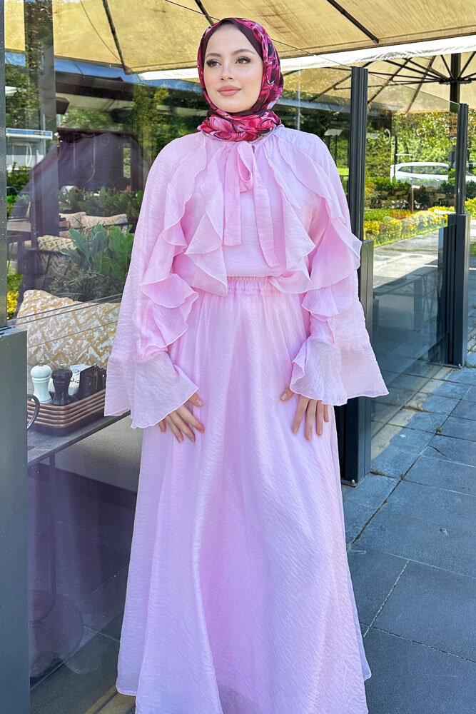 Fırfılı İspanyol Kol Etekli Takım - Pembe - 6