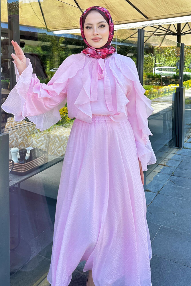 Fırfılı İspanyol Kol Etekli Takım - Pembe - 3
