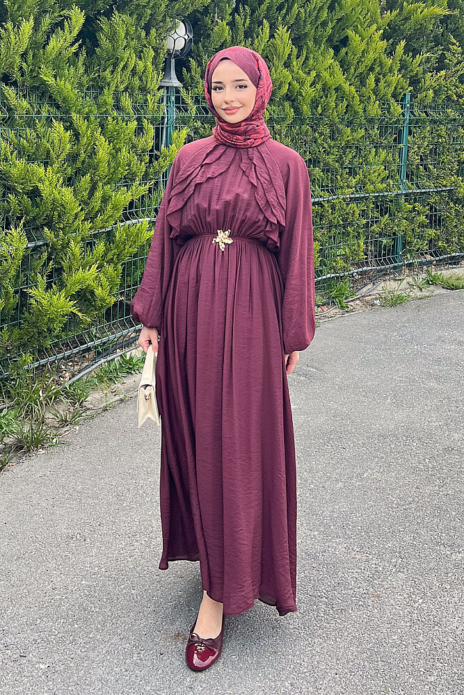 Fırfır Detaylı Tencel Elbise - Bordo - 4
