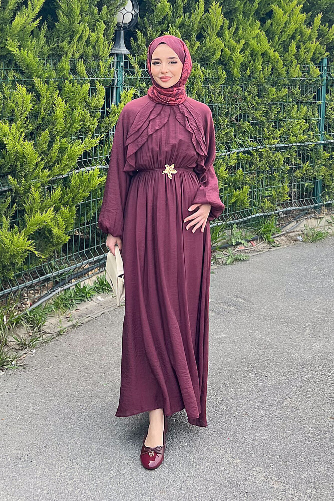 Fırfır Detaylı Tencel Elbise - Bordo - 1