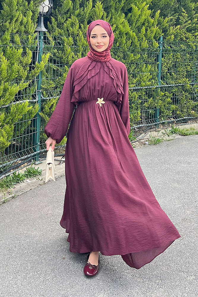 Fırfır Detaylı Tencel Elbise - Bordo - (4)