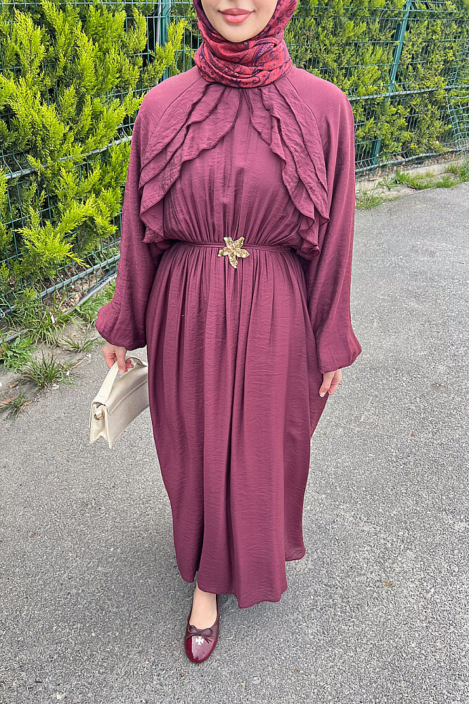 Fırfır Detaylı Tencel Elbise - Bordo - HEWES (1)