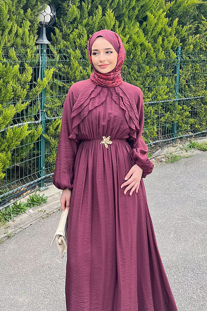 Fırfır Detaylı Tencel Elbise - Bordo - HEWES (2)