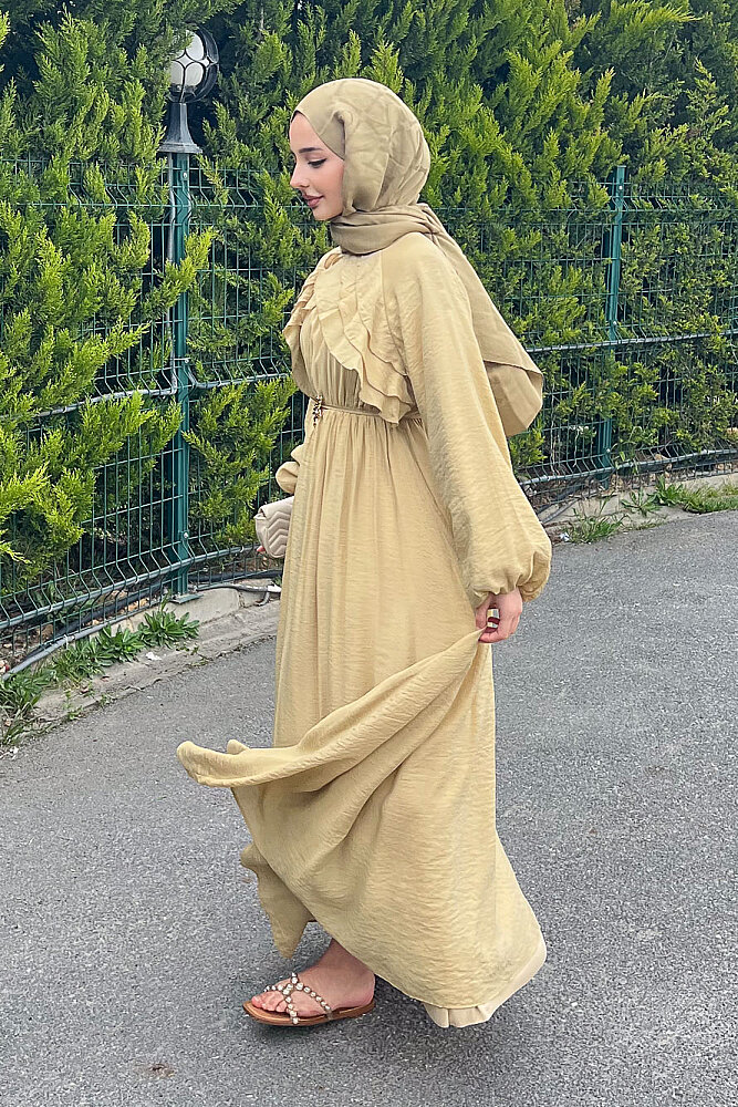 Fırfır Detaylı Tencel Elbise - Haki - (2)