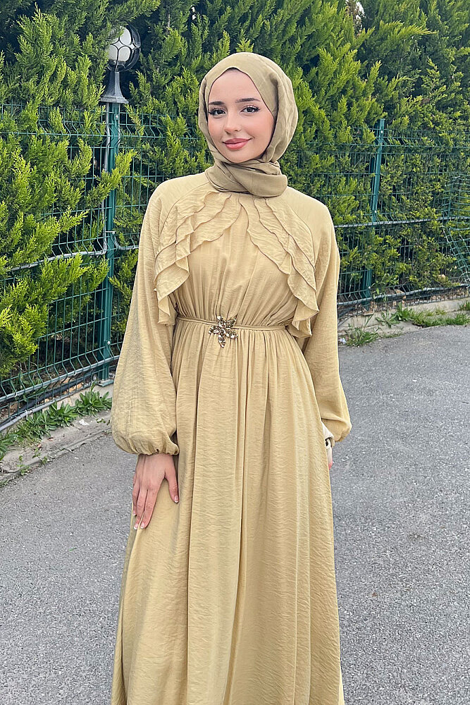 Fırfır Detaylı Tencel Elbise - Haki - 5