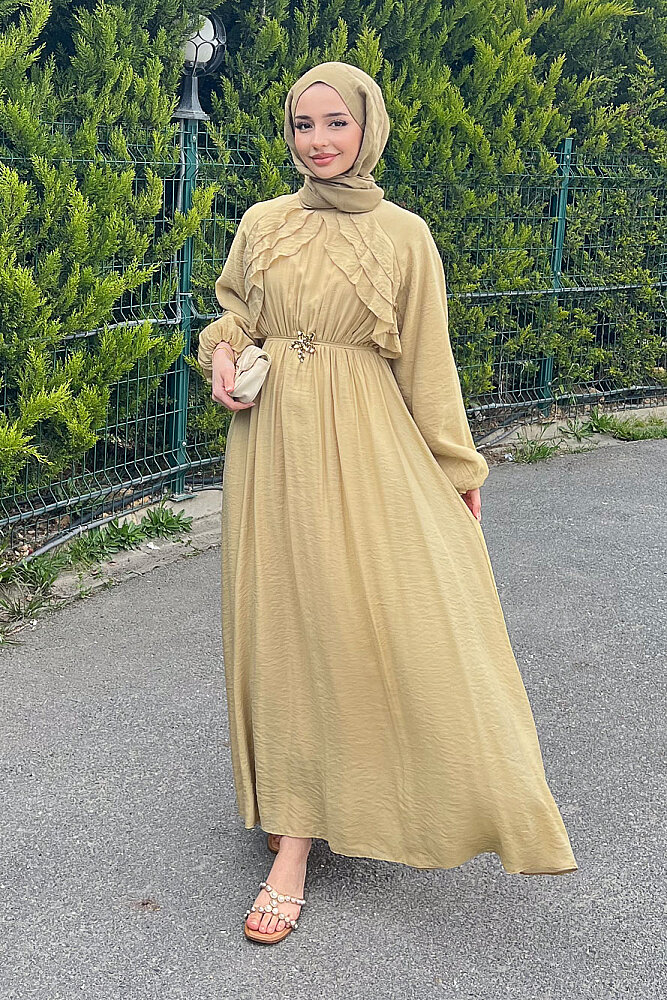 Fırfır Detaylı Tencel Elbise - Haki - 4