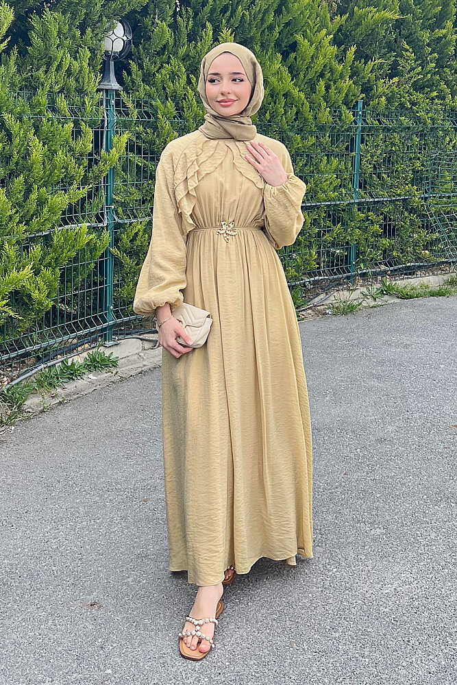 Fırfır Detaylı Tencel Elbise - Haki - 1