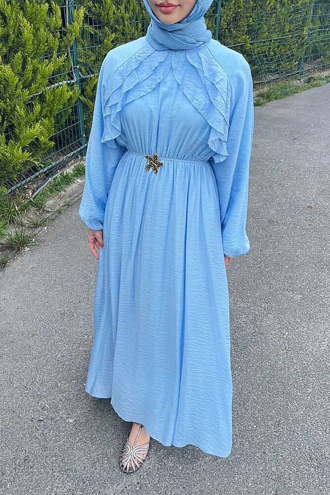 Fırfır Detaylı Tencel Elbise - Mavi - 2