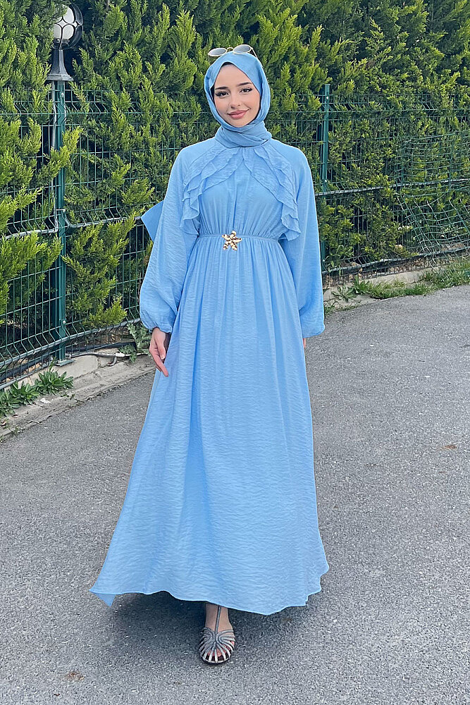 Fırfır Detaylı Tencel Elbise - Mavi - 7