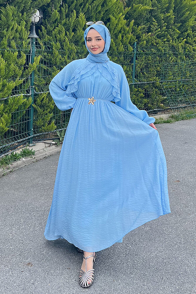 Fırfır Detaylı Tencel Elbise - Mavi - 1