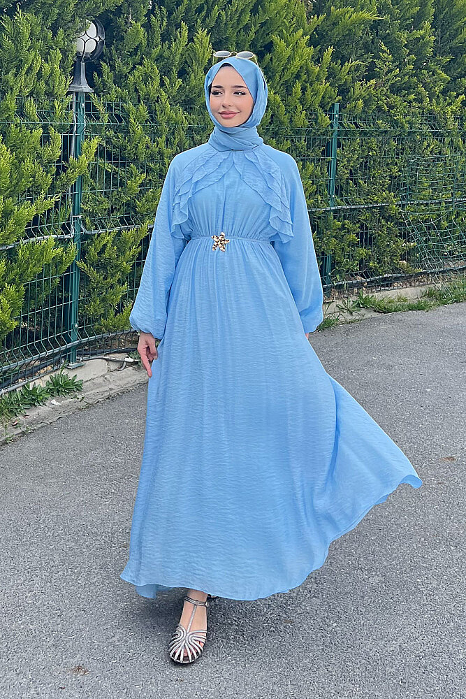 Fırfır Detaylı Tencel Elbise - Mavi - 5
