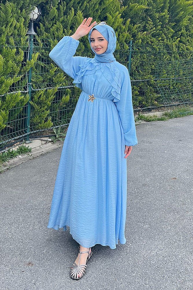 Fırfır Detaylı Tencel Elbise - Mavi - 3