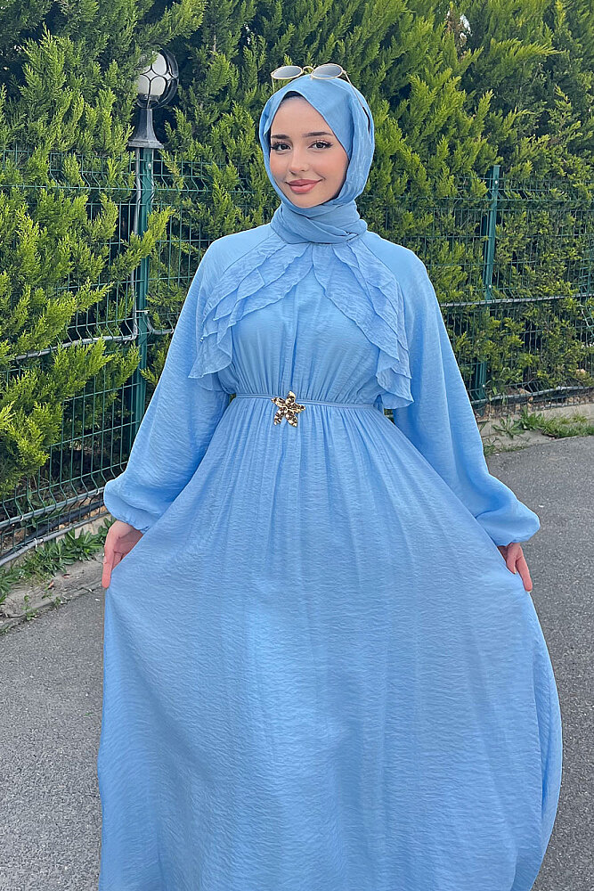 Fırfır Detaylı Tencel Elbise - Mavi - 6