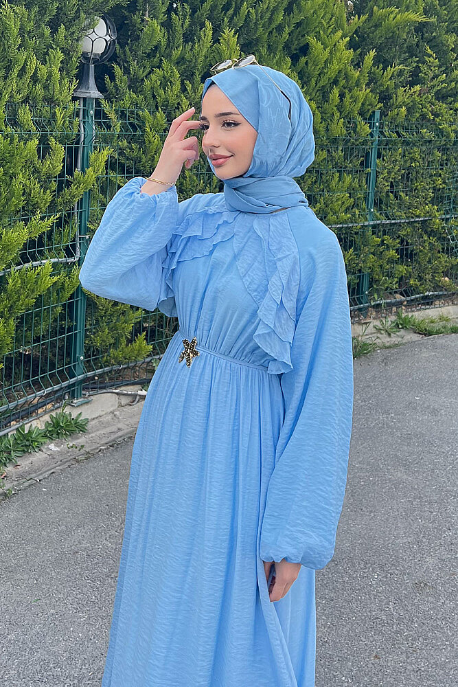 Fırfır Detaylı Tencel Elbise - Mavi - 4