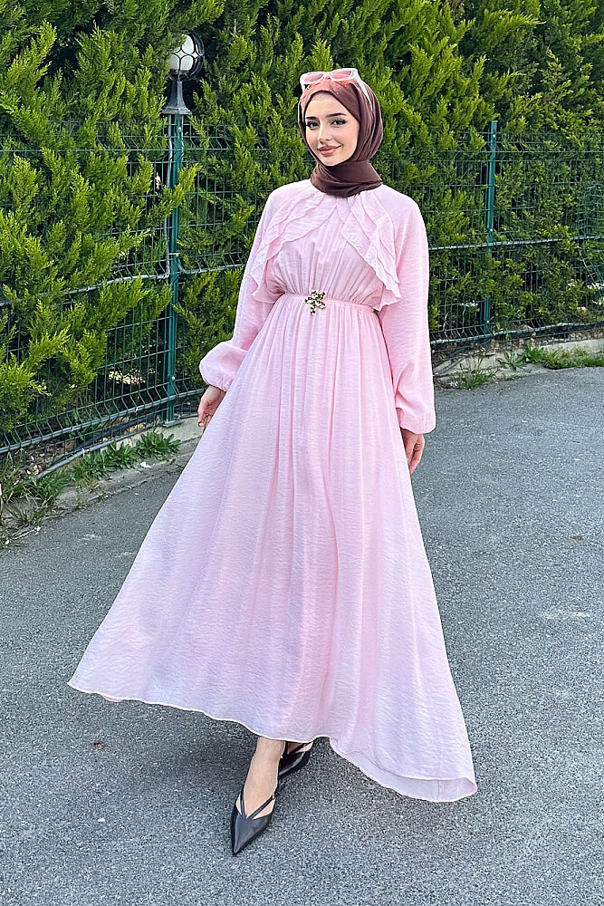 Fırfır Detaylı Tencel Elbise - Pembe - 5