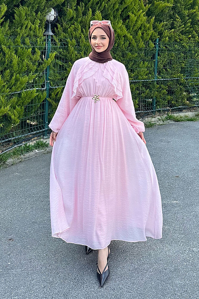 Fırfır Detaylı Tencel Elbise - Pembe - (5)