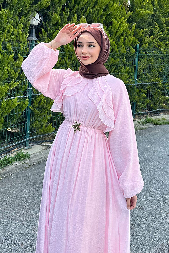 Fırfır Detaylı Tencel Elbise - Pembe - 7