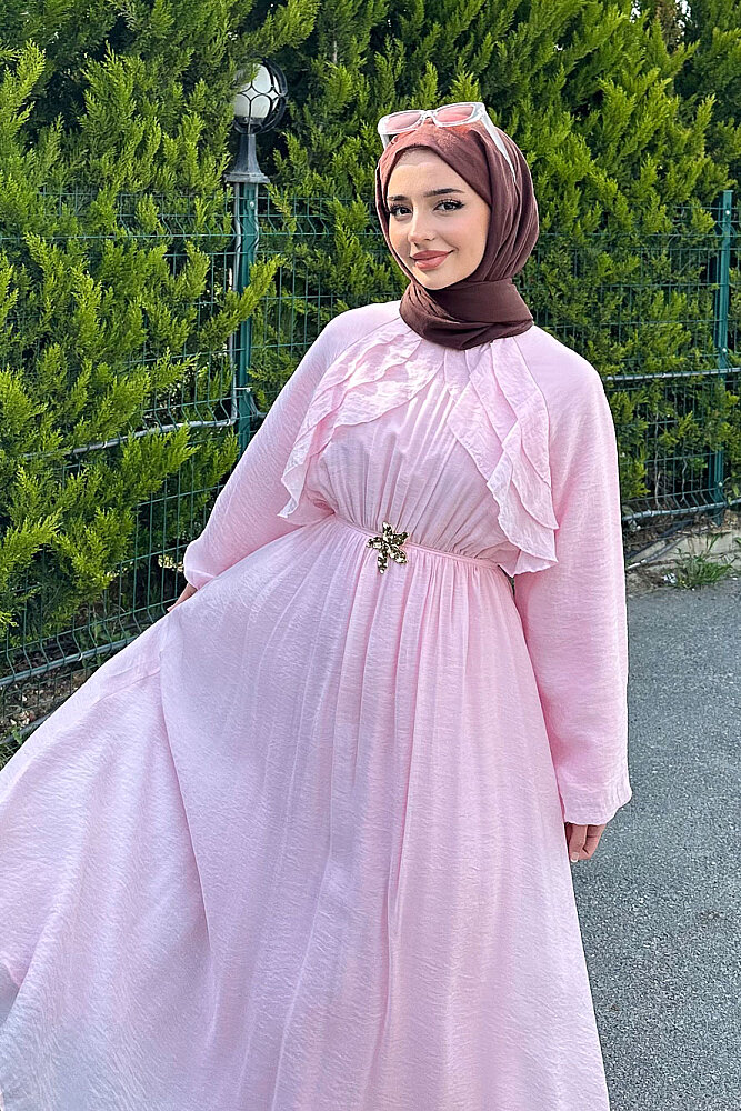 Fırfır Detaylı Tencel Elbise - Pembe - (3)