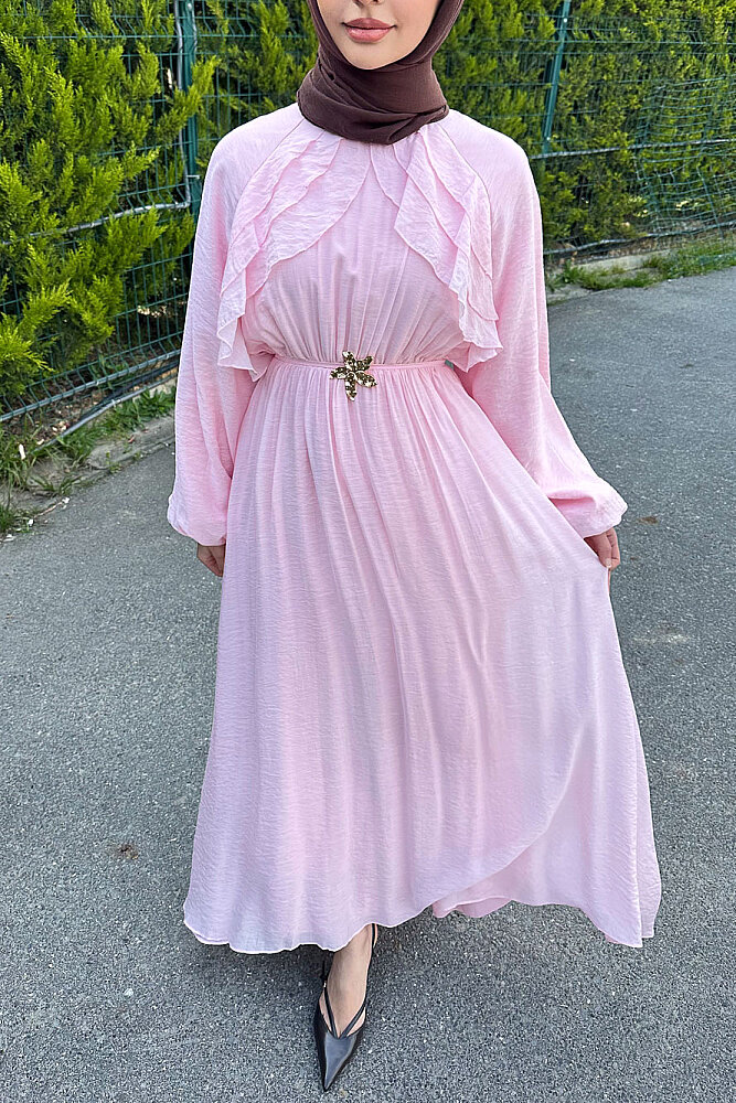Fırfır Detaylı Tencel Elbise - Pembe - (1)