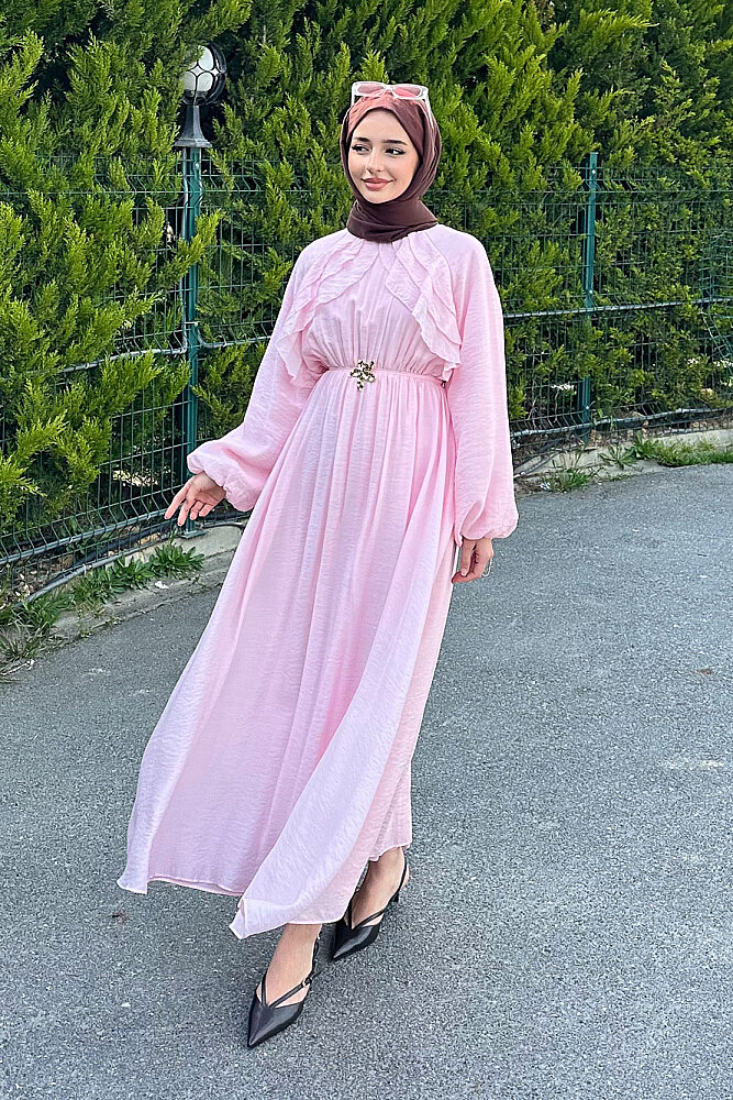 Fırfır Detaylı Tencel Elbise - Pembe - HEWES (0)