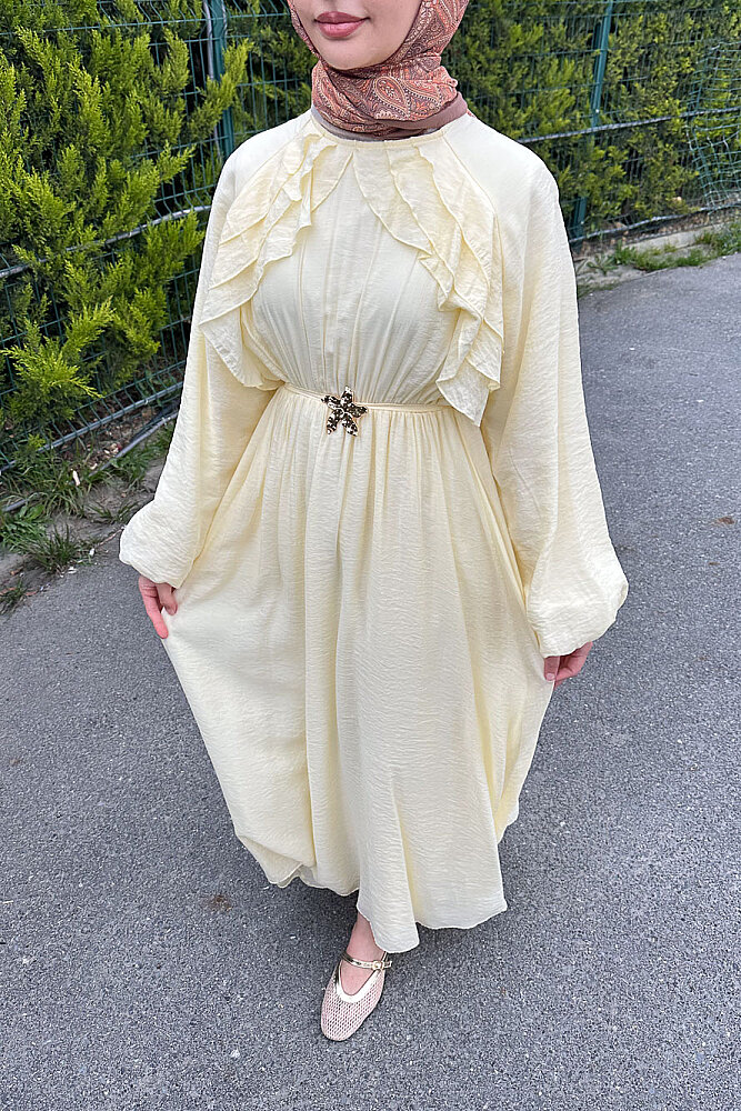 Fırfır Detaylı Tencel Elbise - Sarı - (1)