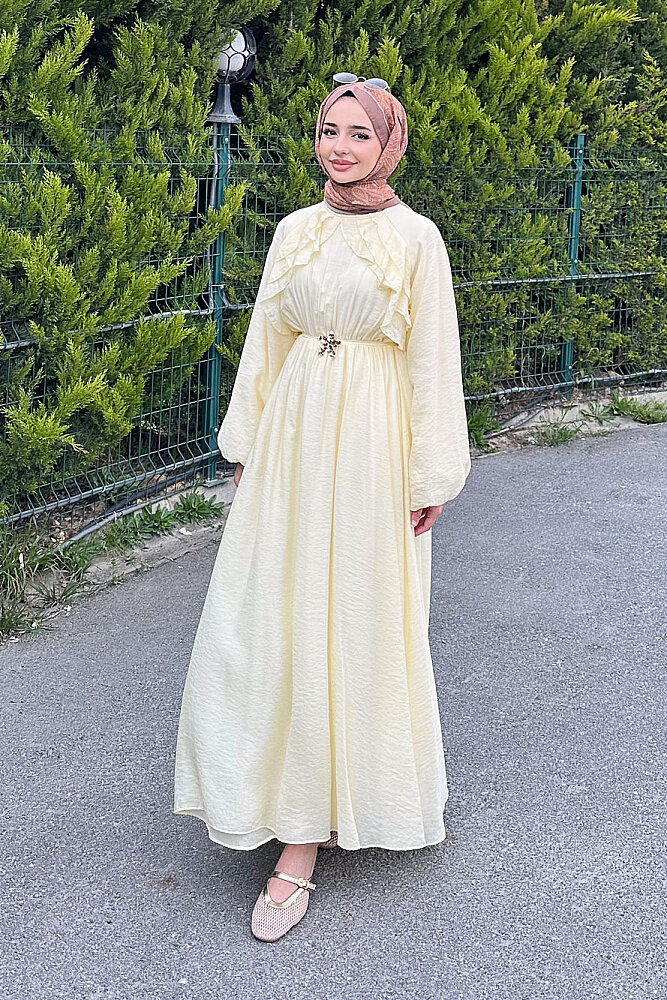 Fırfır Detaylı Tencel Elbise - Sarı - (3)