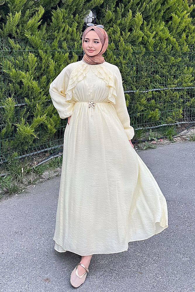 Fırfır Detaylı Tencel Elbise - Sarı - 1